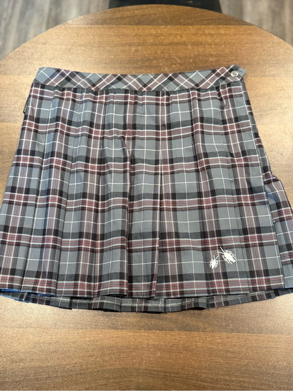 Plaid Pleated Mini Skirt in Gray and Burgundy